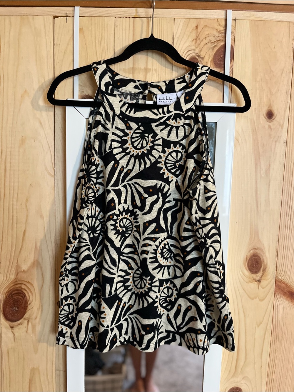 Nicole Miller 100% Linen Halter Style Tank Top Black & Cream